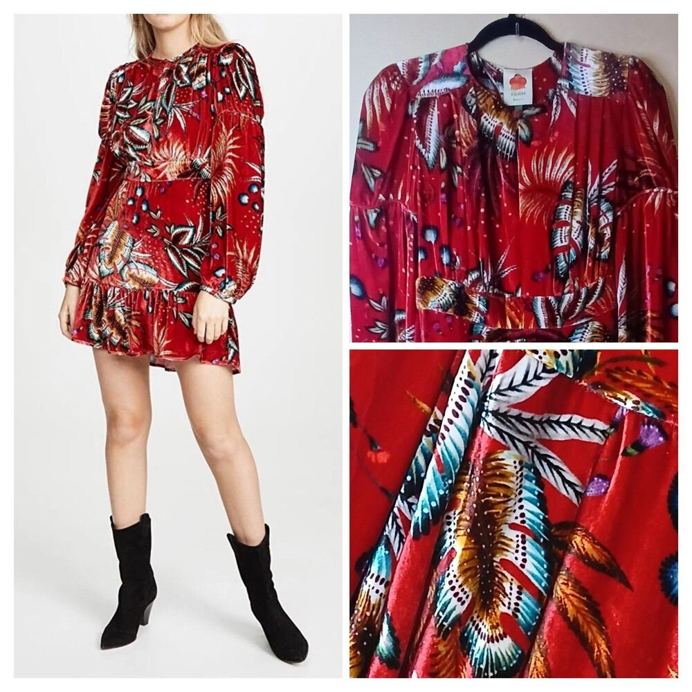 Farm Rio Dress Sz S Winter Leaf Velvet Mini Silk Blend Red Multi NWT $385